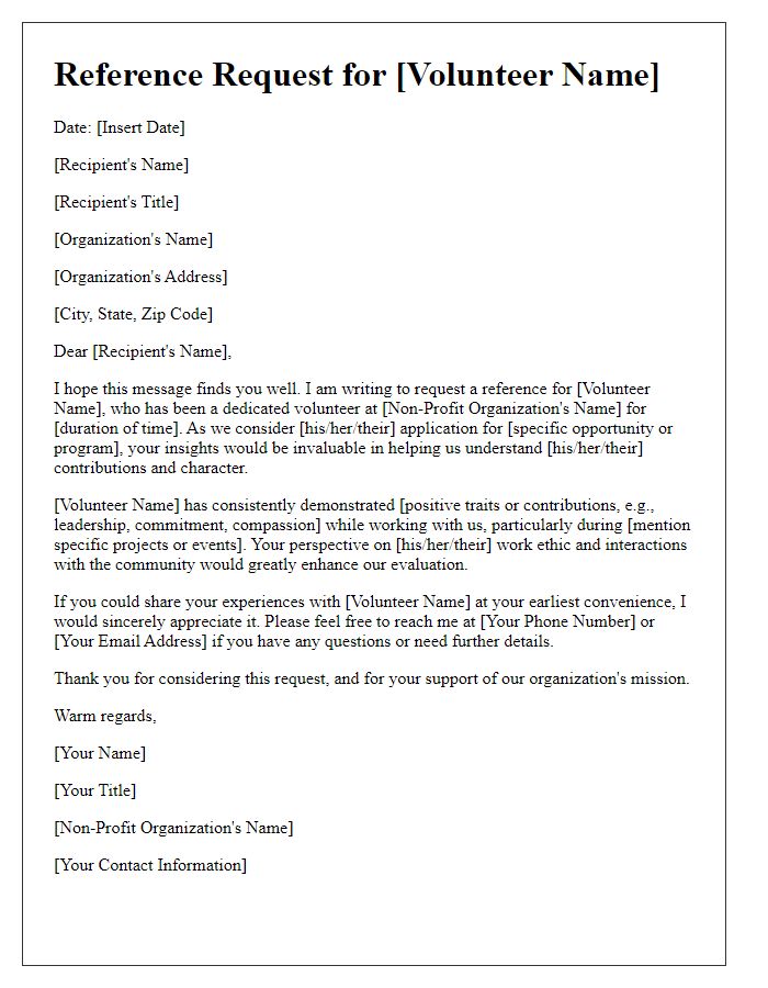 Letter template of volunteer reference request for a non-profit organization