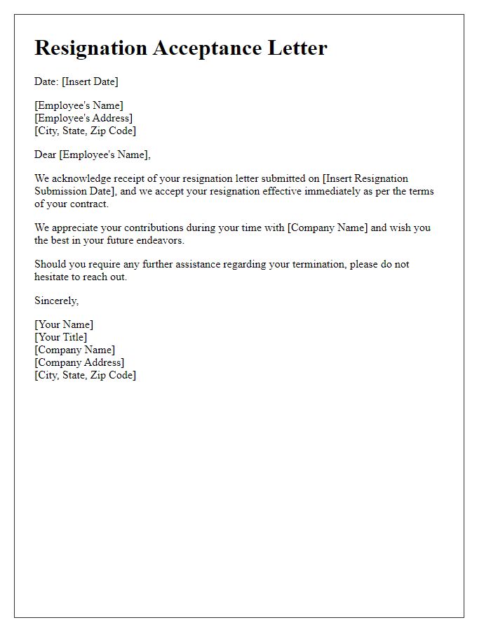 Letter template of resignation acceptance following contract termination.