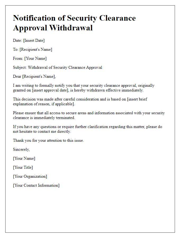 Letter template of security clearance approval withdrawal