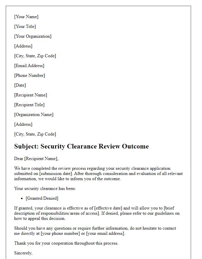 Letter template of security clearance review outcome