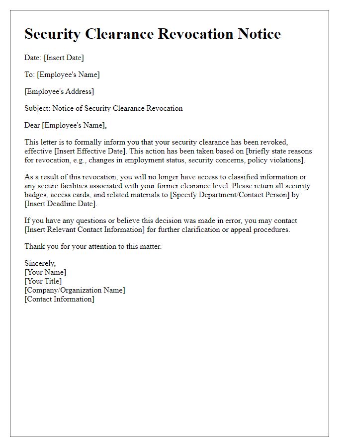 Letter template of security clearance revocation notice