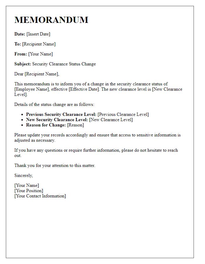 Letter template of security clearance status change memo