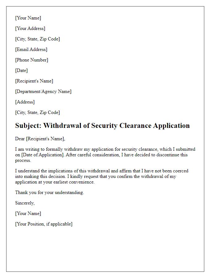 Letter template of security clearance withdrawal letter