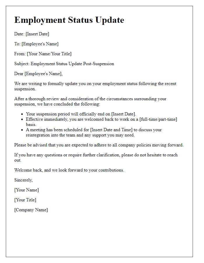 Letter template of employment status update post-suspension.