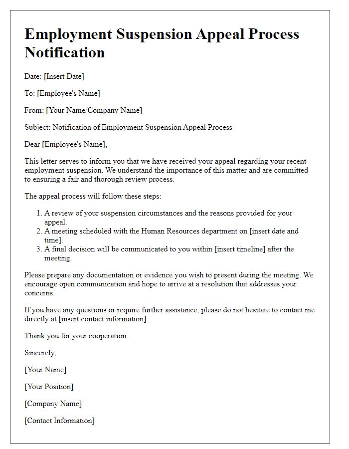 Letter template of employment suspension appeal process notification.