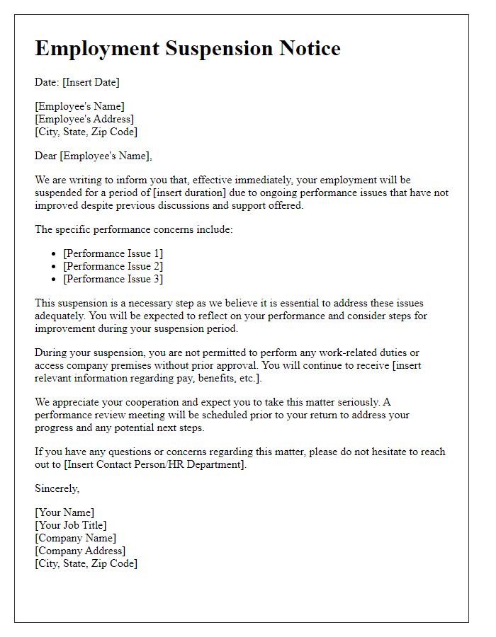 Letter template of employment suspension due to performance issues.