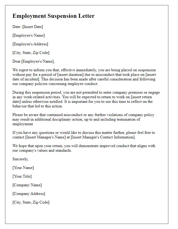 Letter template of employment suspension for misconduct.