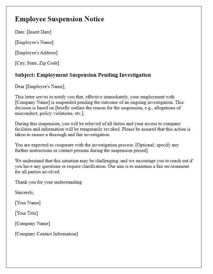 Letter template of employment suspension pending investigation.