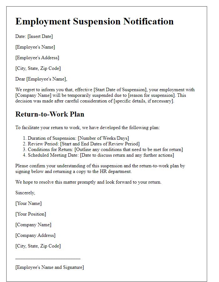 Letter template of employment suspension with a return-to-work plan.