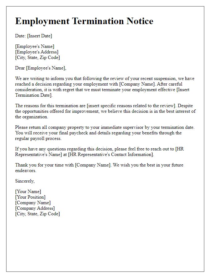 Letter template of employment termination notice after suspension review.