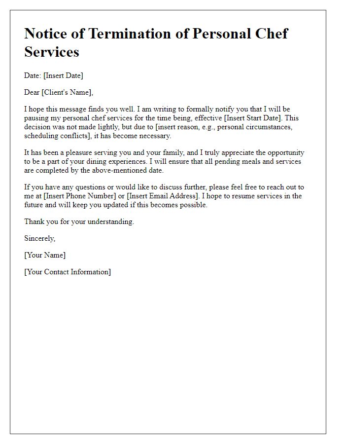 Letter template of personal chef service termination for temporary service pause.