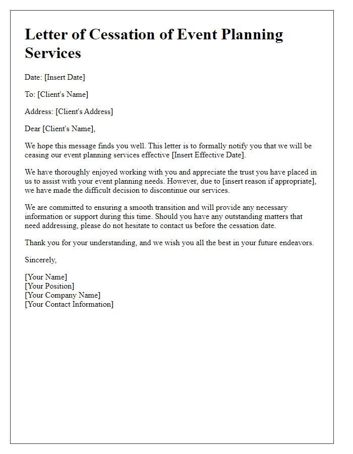 Letter template of cessation of event planning services