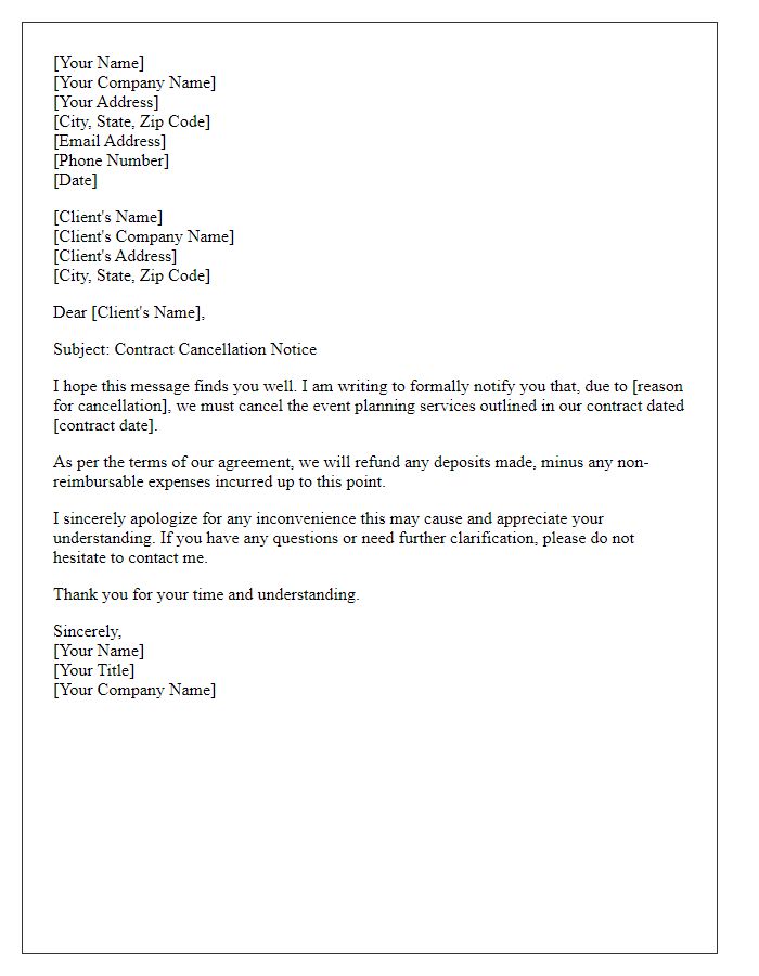 Letter template of event planner contract cancellation notice