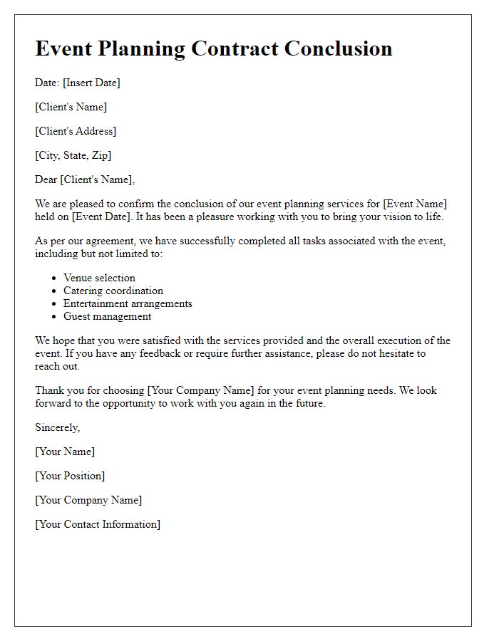 Letter template of event planning contract conclusion