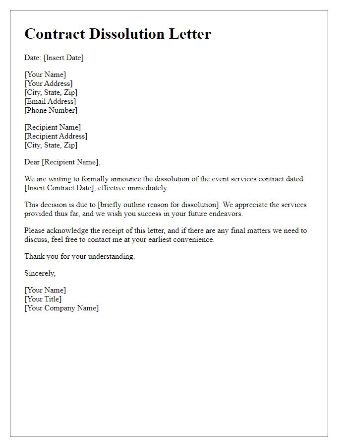 Letter template of event services contract dissolution