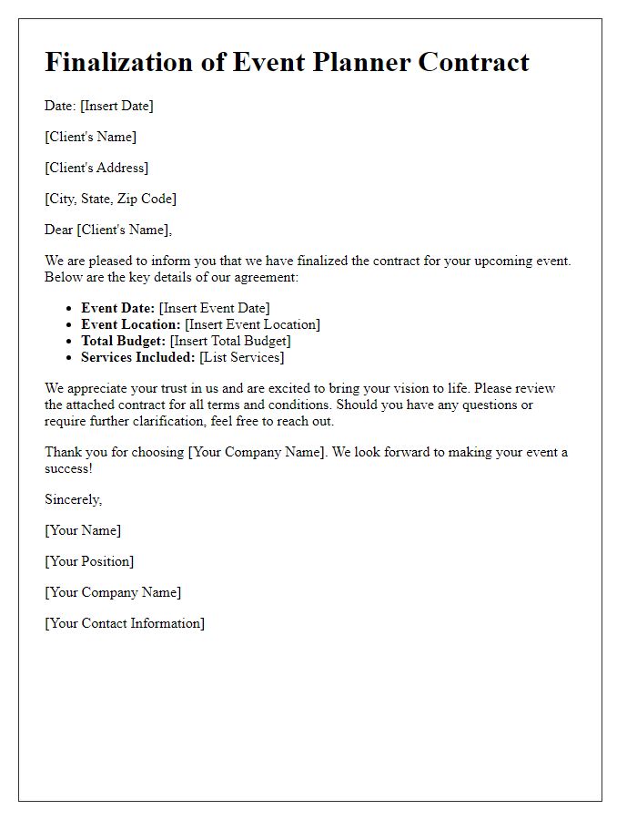 Letter template of finalization of event planner contract