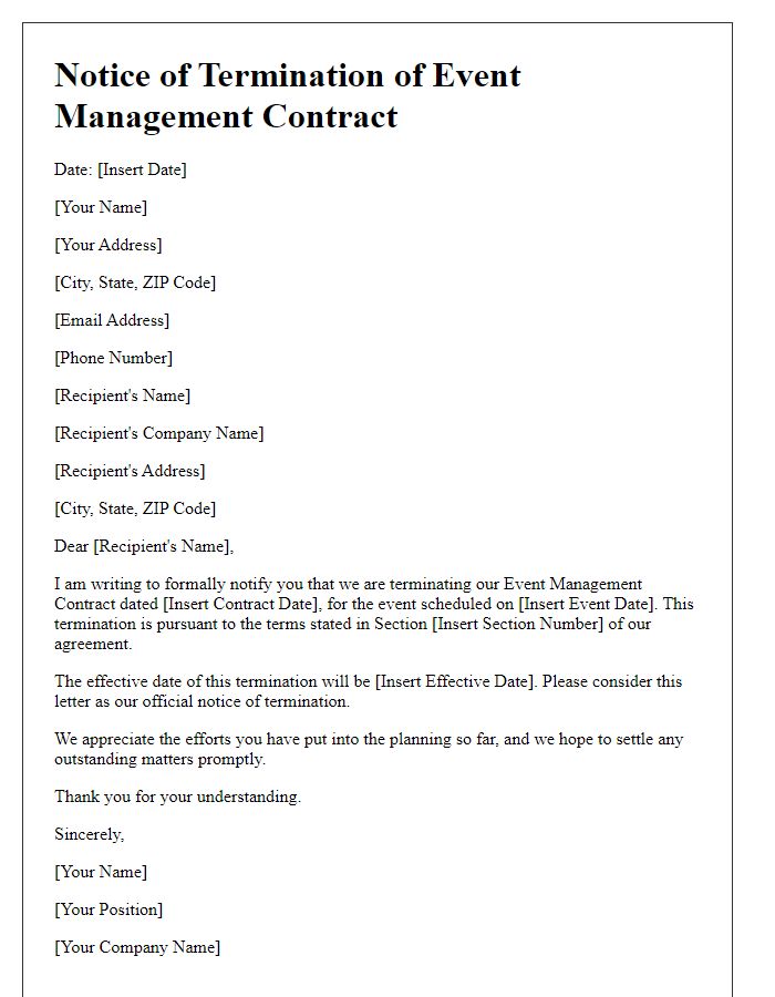 Letter template of notice to terminate event management contract