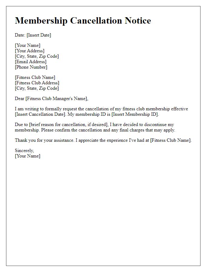 Letter template of cancellation notice for fitness club membership