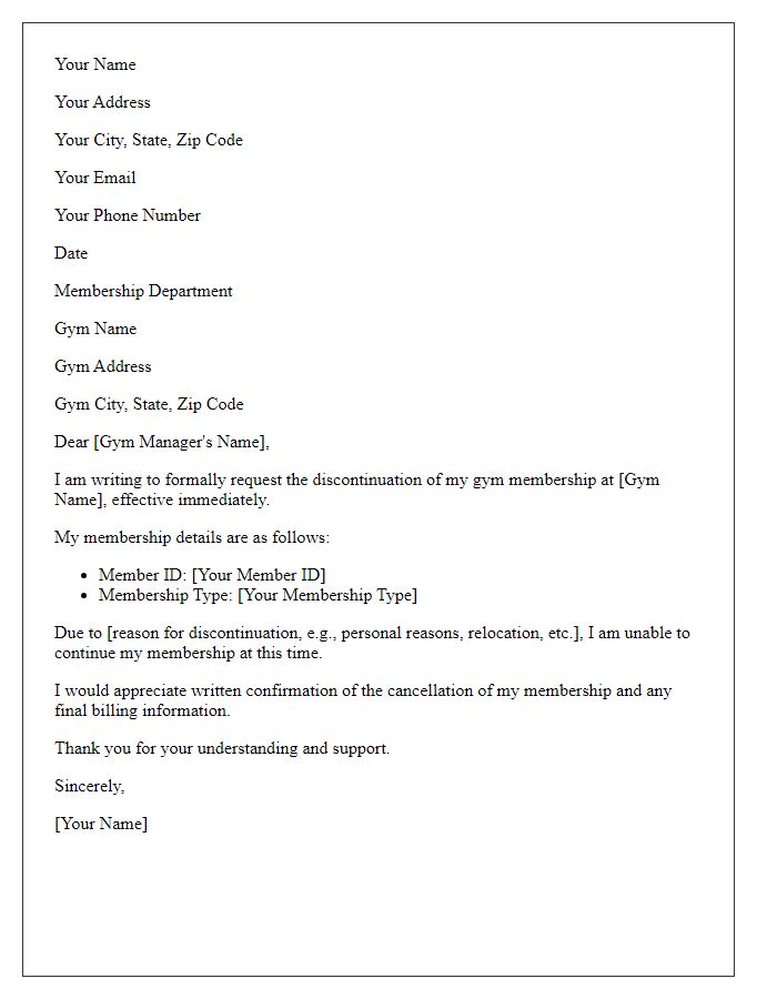 Letter template of formal gym membership discontinuation