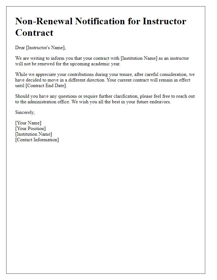 Letter template of non-renewal notification for instructor contract.