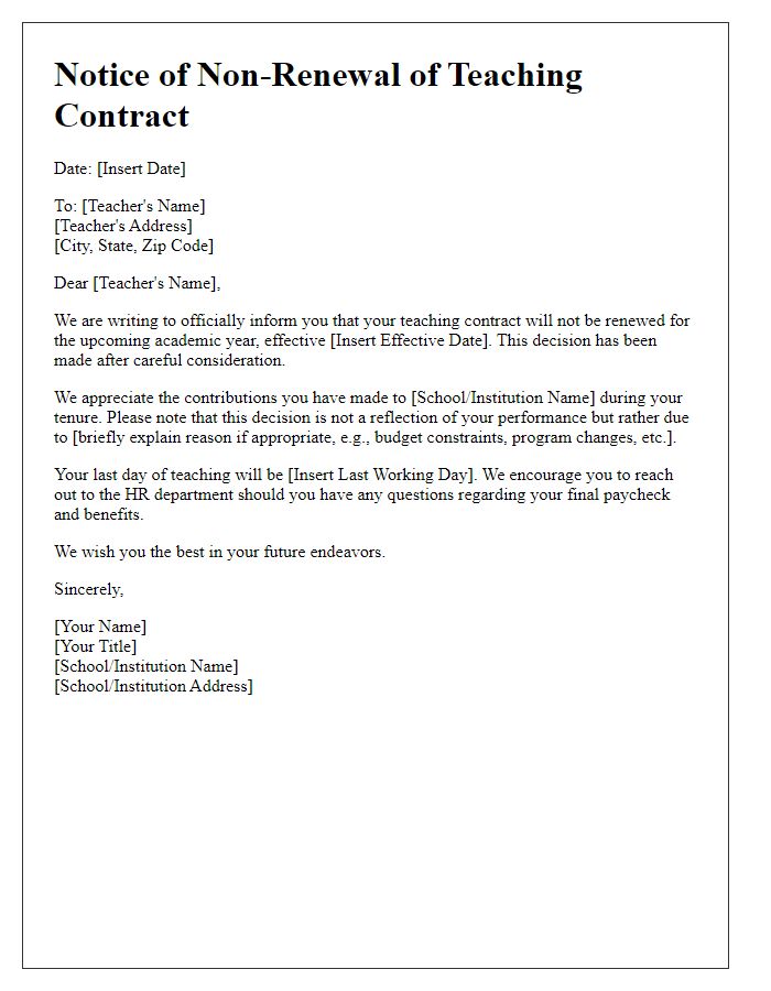 Letter template of notice for non-renewal of teaching contract.