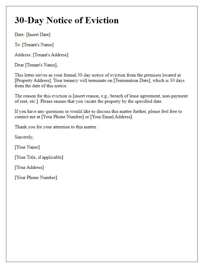 Letter template of 30-day notice for tenant eviction.