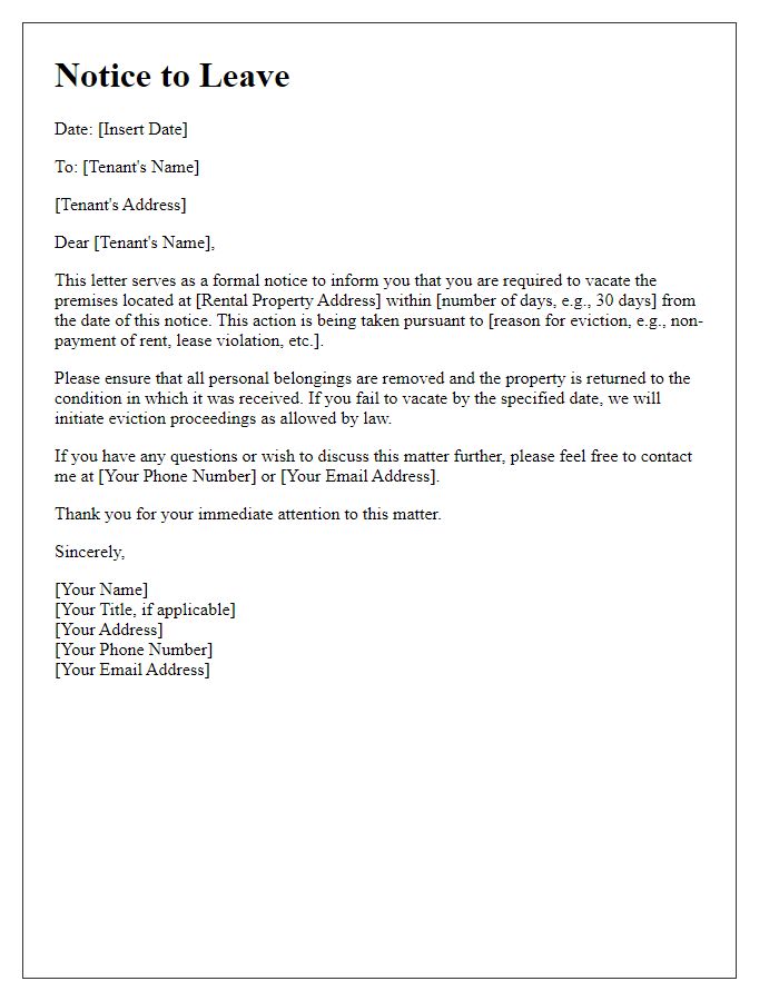 Letter template of notice to leave for tenant eviction proceedings.