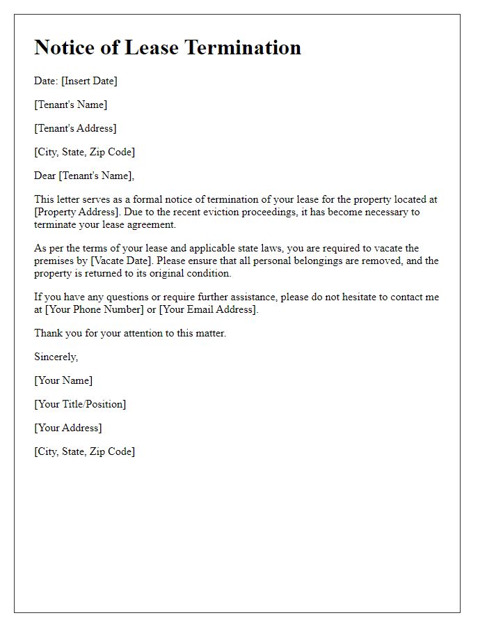 Letter template of notice of lease termination due to eviction.