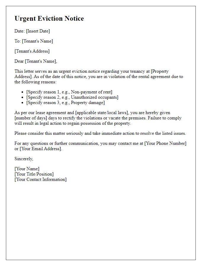 Letter template of urgent eviction notice for non-compliant tenant.