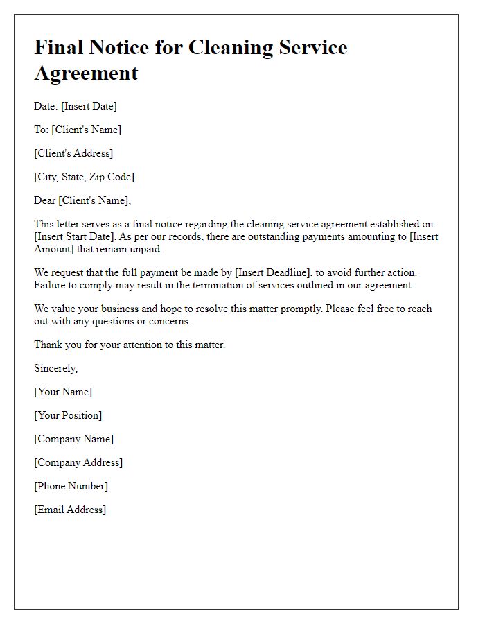 Letter template of cleaning service agreement final notice