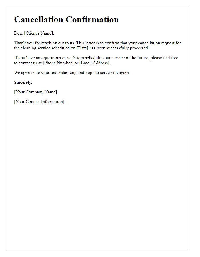 Letter template of cleaning service cancellation confirmation