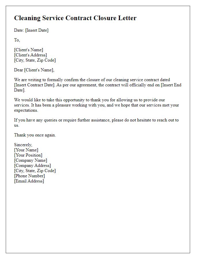 Letter template of cleaning service contract closure letter