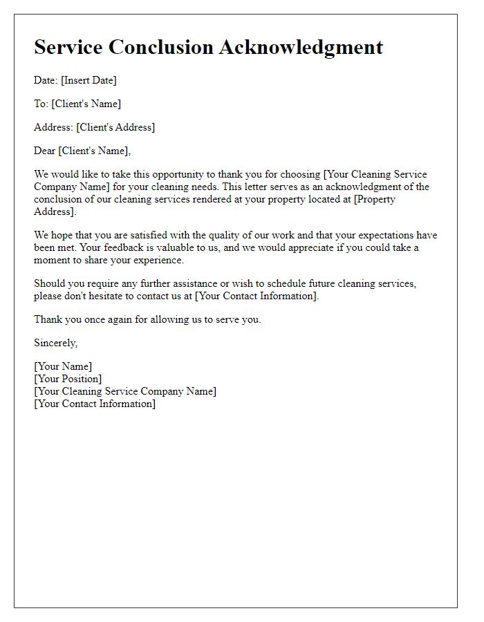 Letter template of cleaning service service conclusion acknowledgment