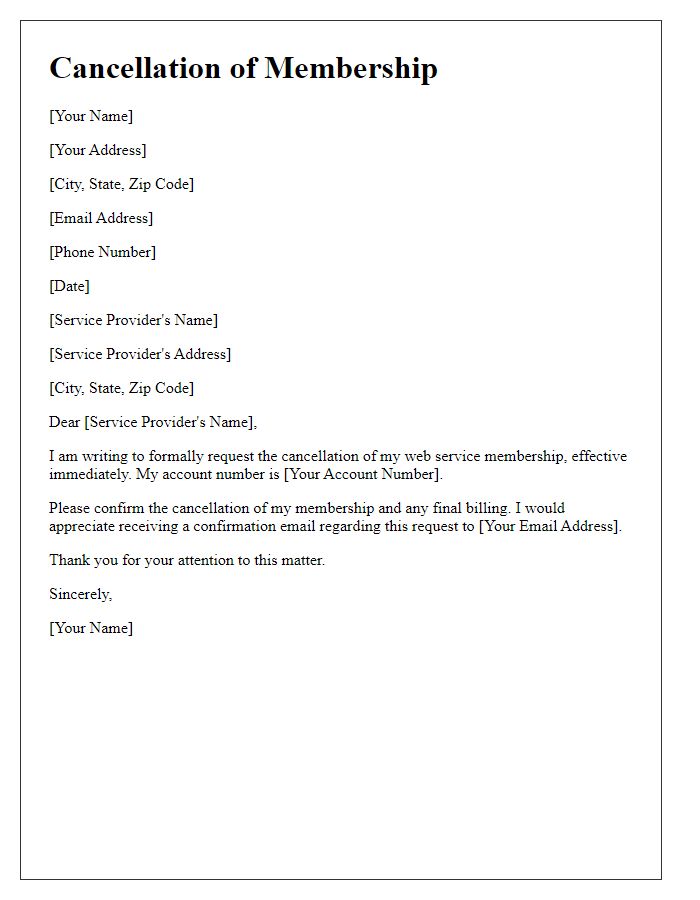 Letter template of cancellation of web service membership