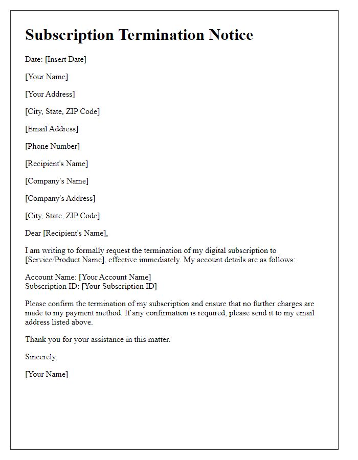 Letter template of digital subscription termination notice