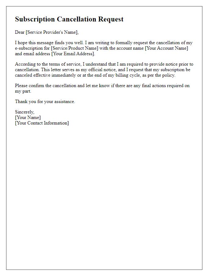 Letter template of e-subscription cancellation letter