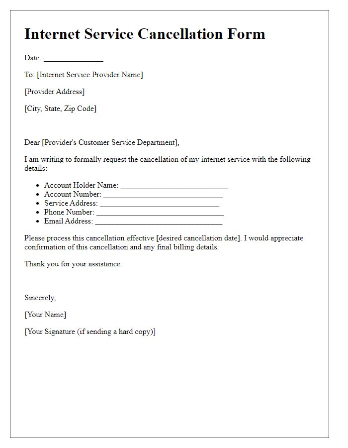 Letter template of internet service cancellation form