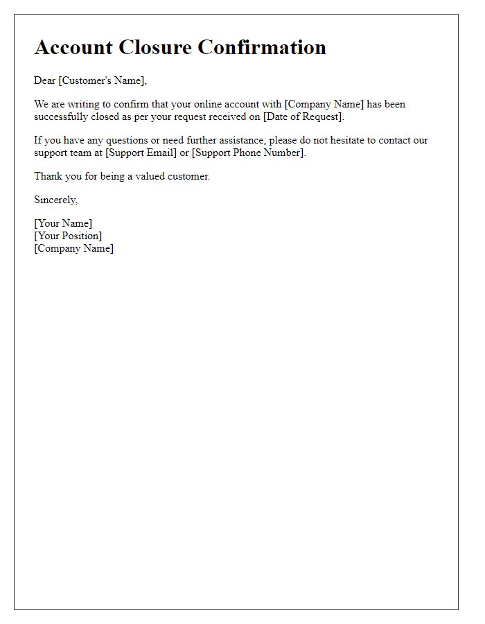 Letter template of online account closure communication