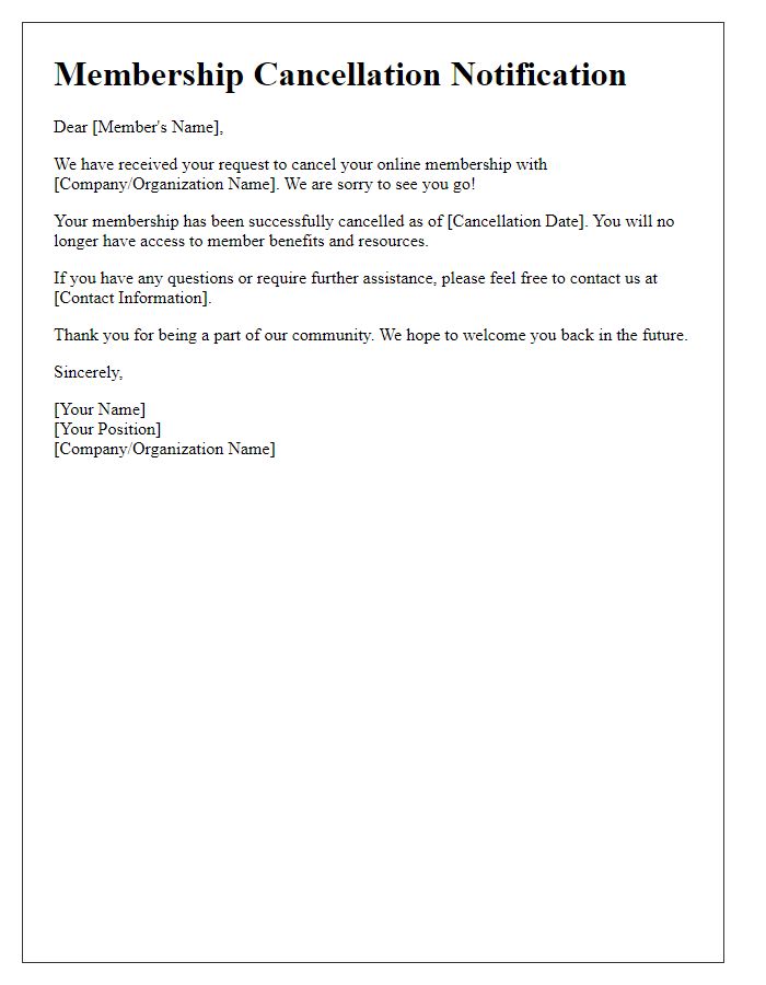 Letter template of online membership cancellation notification