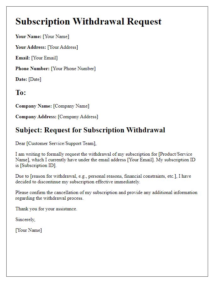 Letter template of online product subscription withdrawal