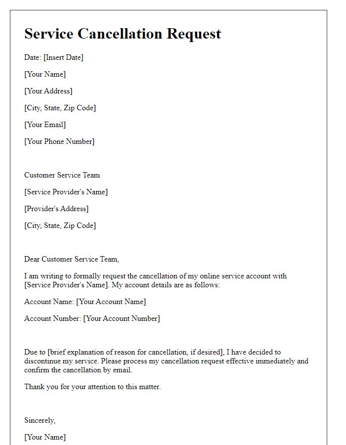 Letter template of online service cancellation request