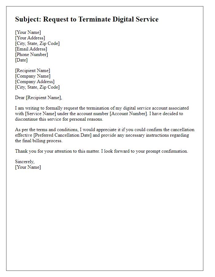 Letter template of request to end digital service