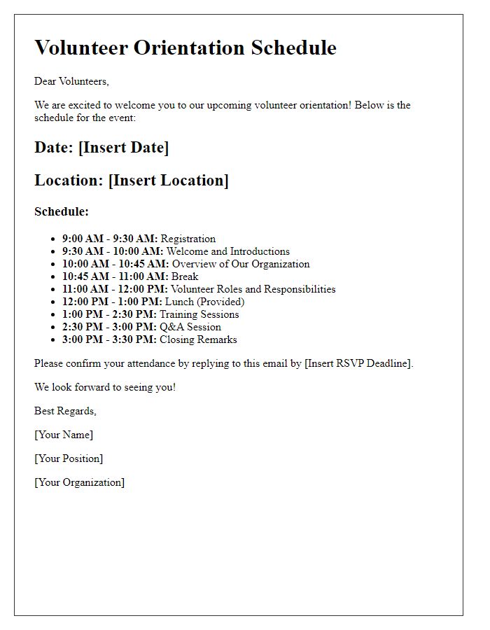 Letter template of volunteer orientation schedule