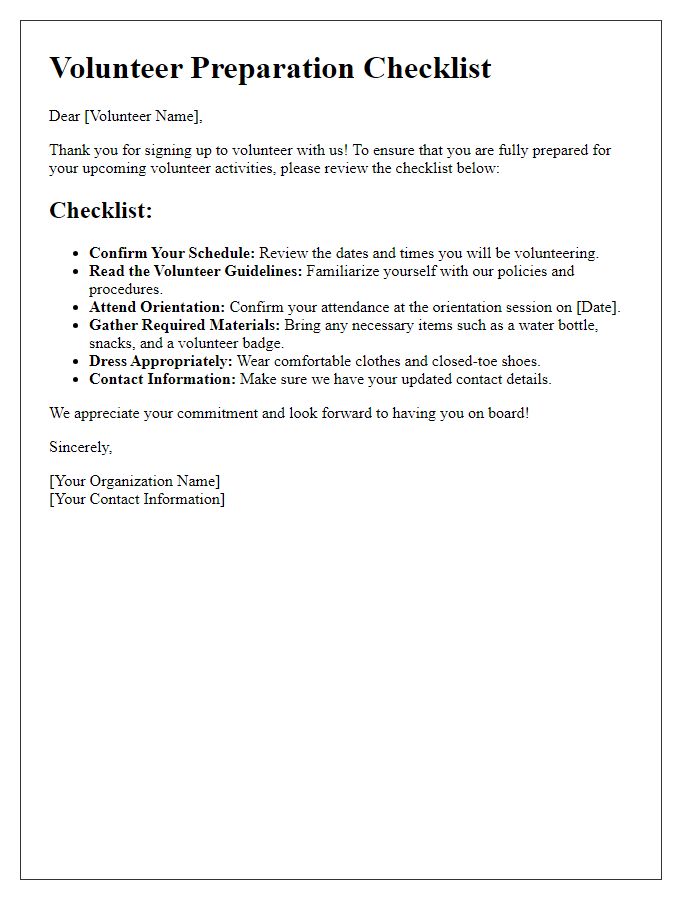 Letter template of volunteer preparation checklist