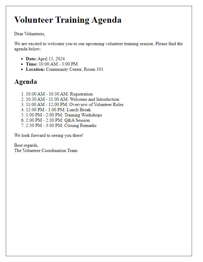 Letter template of volunteer training agenda