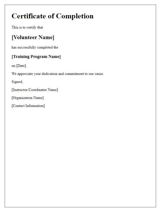 Letter template of volunteer training completion certificate