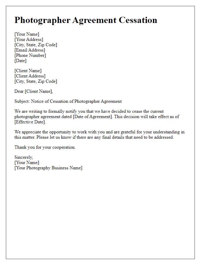 Letter template of photographer agreement cessation