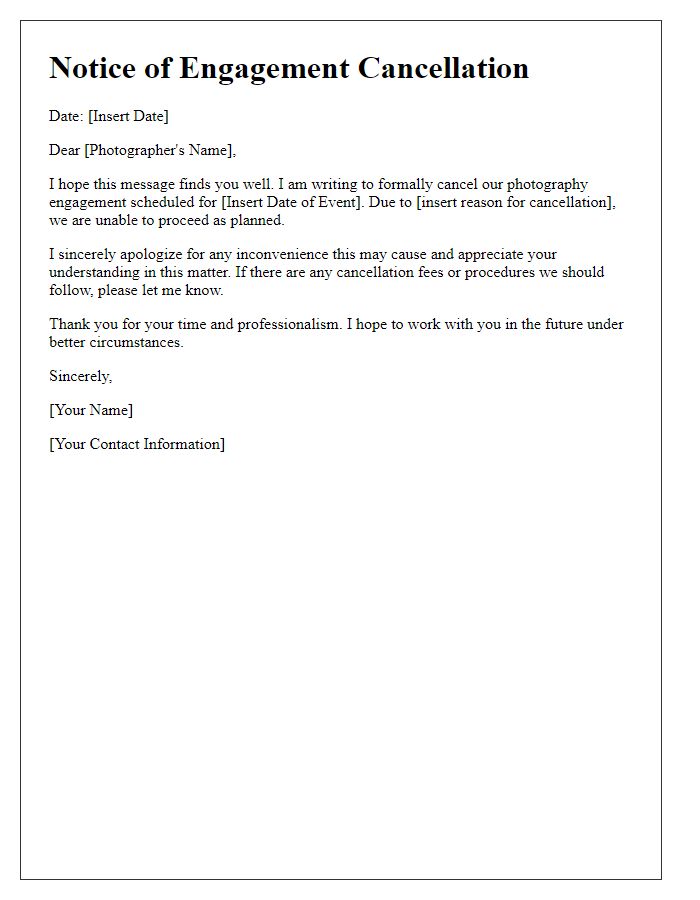 Letter template of photographer engagement cancellation