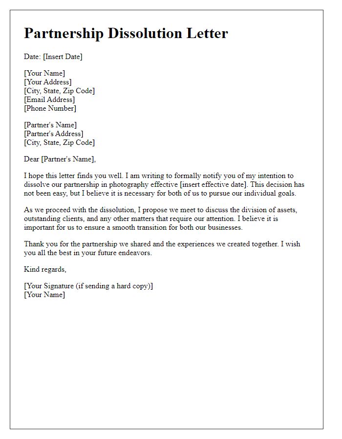 Letter template of photographer partnership dissolution