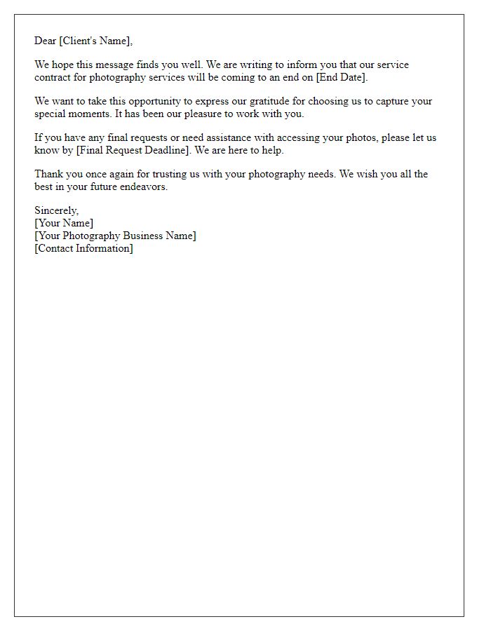 Letter template of photographer service end notice